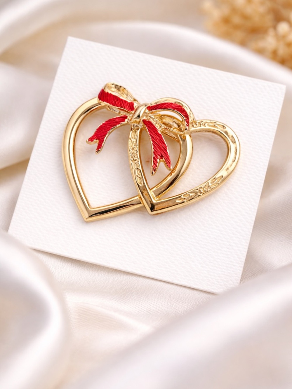 Gold Tone Double Heart Brooch Red Bow Vintage Style Love Pin Romantic Jewelry